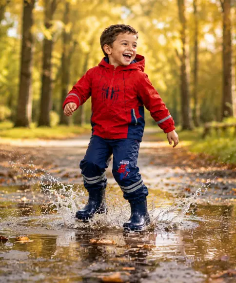 Junge in Spider-Man Regenbekleidung und Gummistiefeln beim Spielen in einer Pfütze